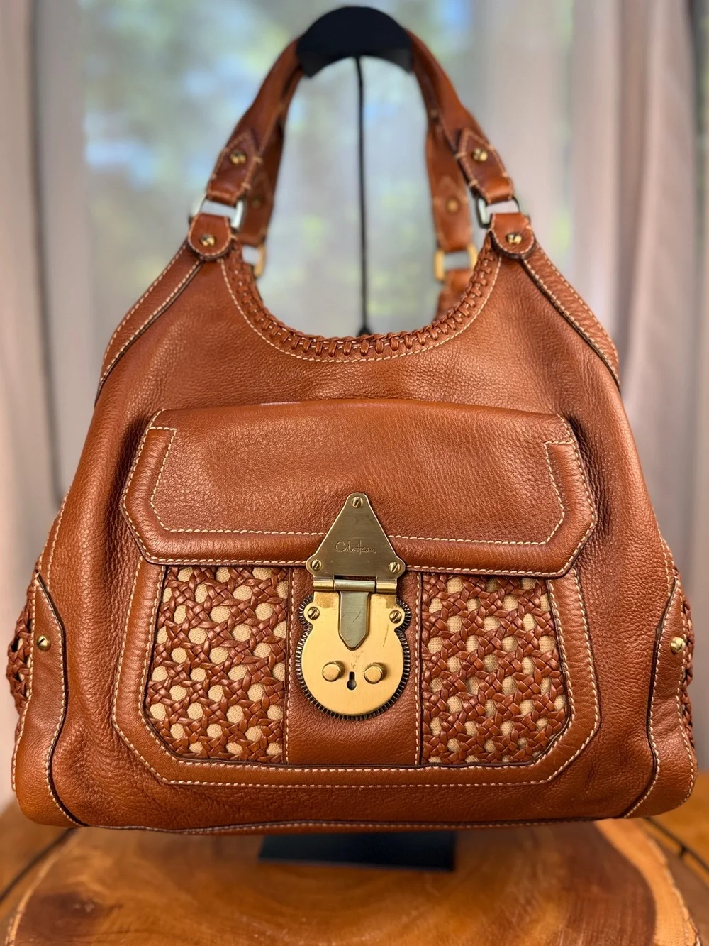 Cole Haan Paige Cognac Brown Woven Leather Hobo Shoulder Bag Gold Hardware EUC